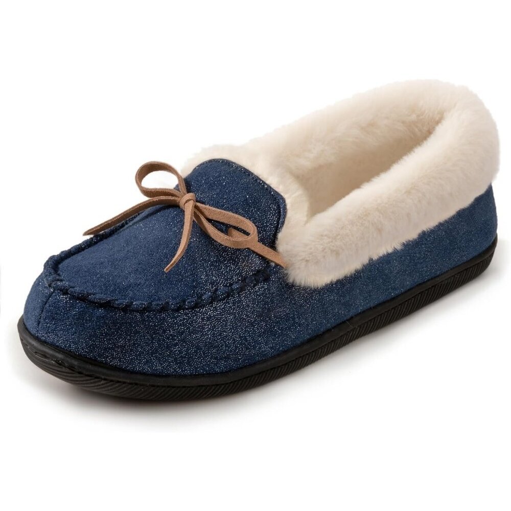 Women's Glittered Faux Fur Lining Wrap Rubber Sole Navy Blue Slipper Bootie